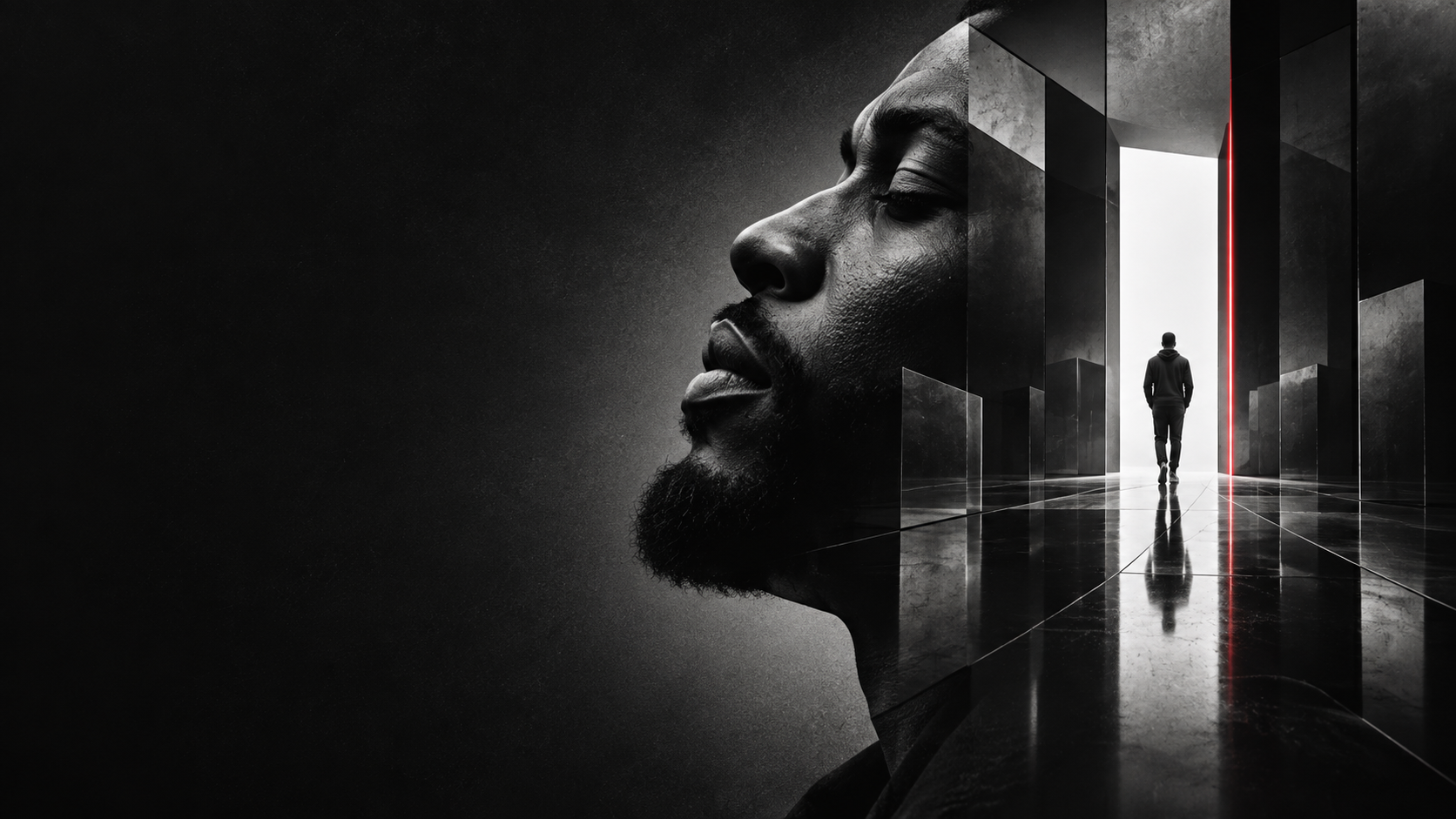 An anonymous profile layered with a figure walking through a bright mirror threshold